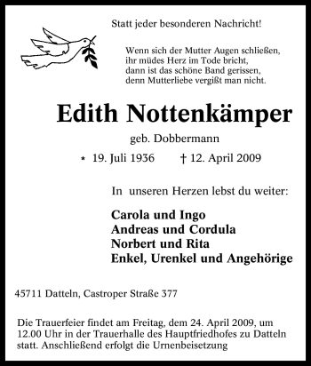 Traueranzeige von Edith Nottenkämper von Tageszeitung