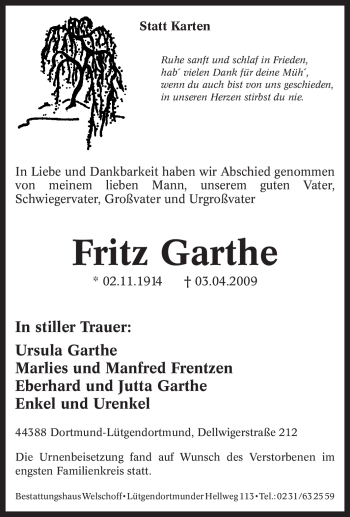 Traueranzeige von Fritz Garthe von Tageszeitung