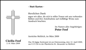 Traueranzeige von Cäcilia Foof von Tageszeitung