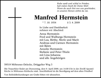 Traueranzeige von Manfred Hermstein von Tageszeitung