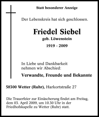 Traueranzeige von Friedel Siebel von Tageszeitung