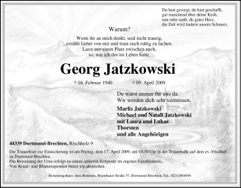 Traueranzeige von Georg Jatzkowski von Tageszeitung