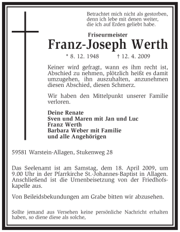 Traueranzeige von Franz-Joseph Werth von Tageszeitung