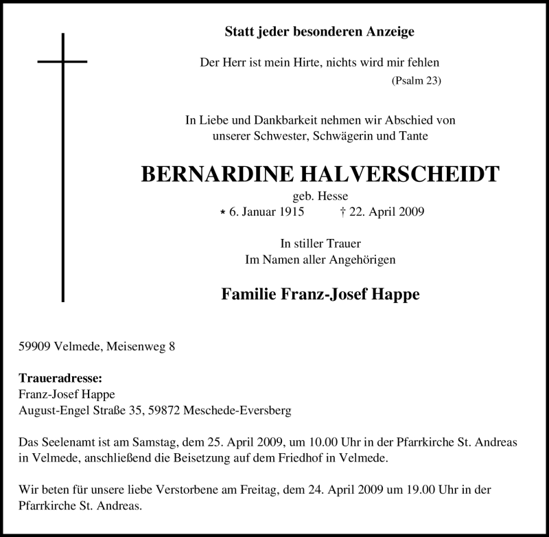  Traueranzeige für Bernardine Halverscheidt vom 23.04.2009 aus Tageszeitung