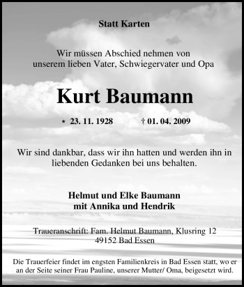 Traueranzeige von Kurt Baumann von Tageszeitung