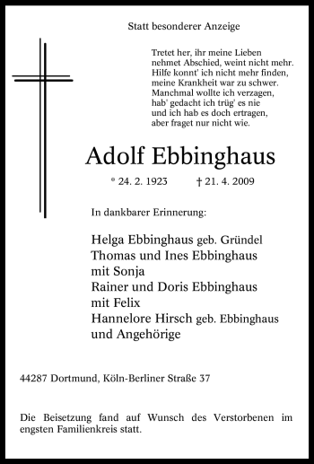 Traueranzeige von Adolf Ebbinghaus von Tageszeitung