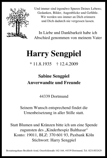 Traueranzeige von Harry Sengpiel von Tageszeitung