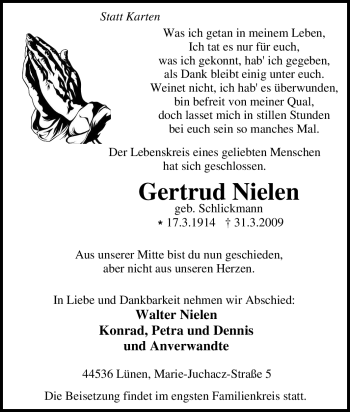 Traueranzeige von Gertrud Nielen von Tageszeitung
