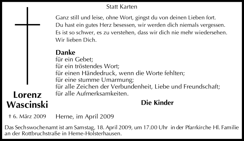  Traueranzeige für Lorenz Wascinski vom 11.04.2009 aus Tageszeitung