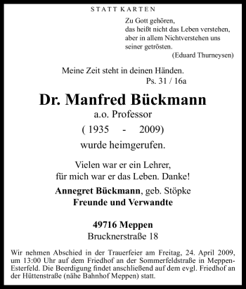 Traueranzeige von Manfred Bückmann von Tageszeitung