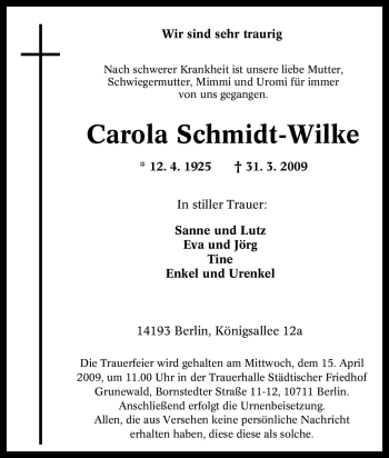 Traueranzeige von Carola Schmidt-Wilke von Tageszeitung