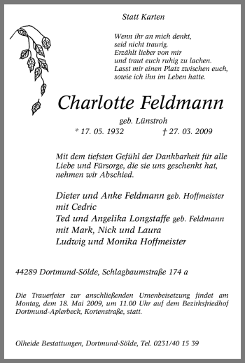 Traueranzeige von Charlotte Feldmann von Tageszeitung