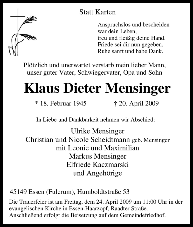  Traueranzeige für Klaus Dieter Mensinger vom 22.04.2009 aus Tageszeitung