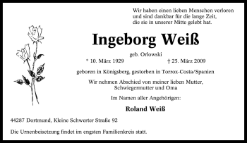 Traueranzeige von Ingeborg Weiß von Tageszeitung