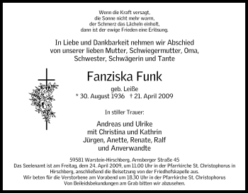 Traueranzeige von Fanziska Funk von Tageszeitung