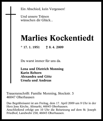 Traueranzeige von Marlies Kockentiedt von Tageszeitung