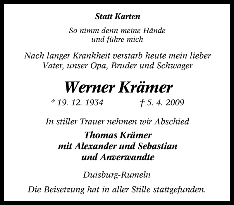  Traueranzeige für Werner Krämer vom 09.04.2009 aus Tageszeitung