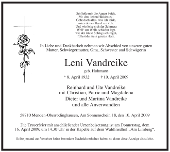 Traueranzeige von Leni Vandreike von Tageszeitung
