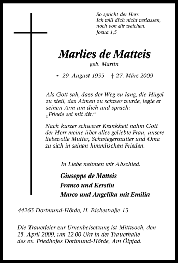 Traueranzeige von Marlies de Matteis von Tageszeitung