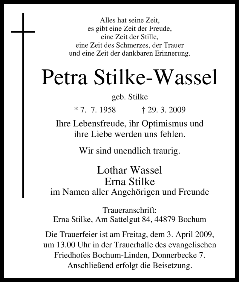  Traueranzeige für Petra Stilke-Wassel vom 01.04.2009 aus Tageszeitung