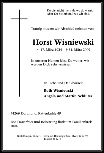 Traueranzeige von Horst Wisniewski von Tageszeitung