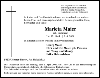 Traueranzeige von Marieta Maier von Tageszeitung