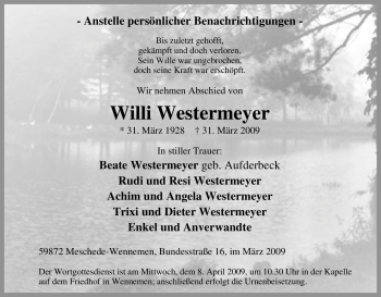 Traueranzeige von Willi Westermeyer von Tageszeitung