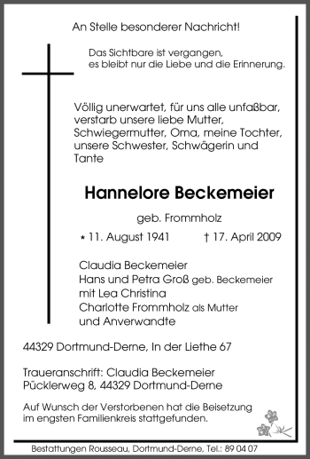 Traueranzeige von Hannelore Beckemeier von Tageszeitung