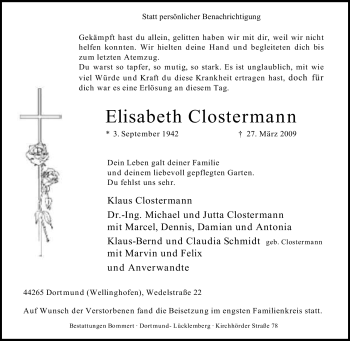 Traueranzeige von Elisabeth Clostermann von Tageszeitung