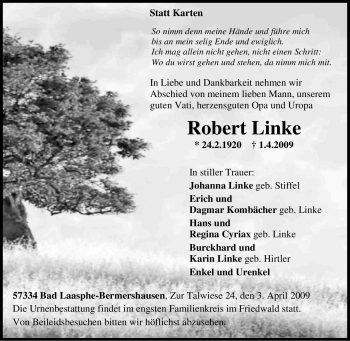 Traueranzeige von Robert Linke von Tageszeitung