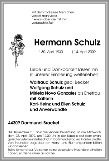 Traueranzeige von Hermann Schulz von Tageszeitung