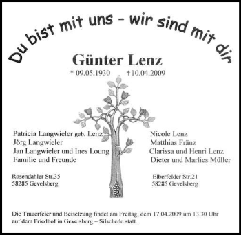 Traueranzeige von Günter Lenz von Tageszeitung