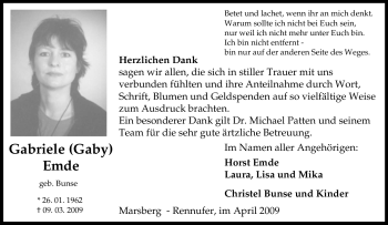 Traueranzeige von Gabriele Emde von Tageszeitung