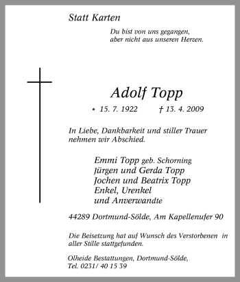 Traueranzeige von Adolf Topp von Tageszeitung