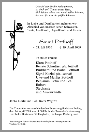 Traueranzeige von Emmi Potthoff von Tageszeitung