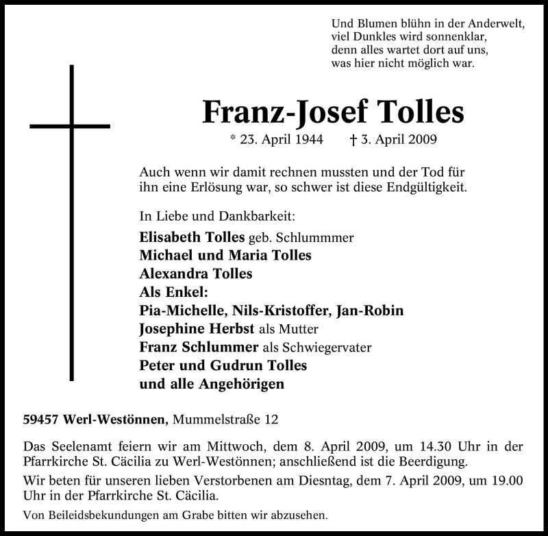  Traueranzeige für Franz-Josef Tolles vom 04.04.2009 aus Tageszeitung