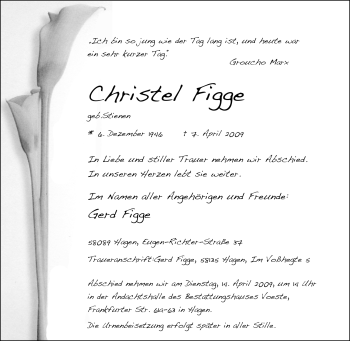 Traueranzeige von Christel Figge von Tageszeitung