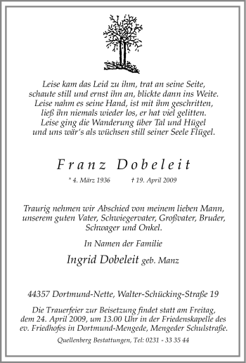 Traueranzeige von Franz Dobeleit von Tageszeitung