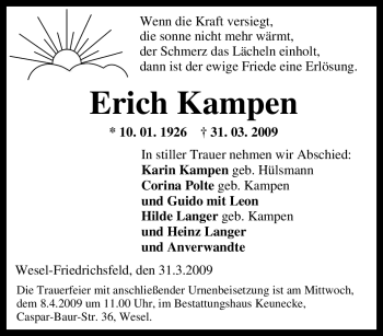 Traueranzeige von Erich Kampen von Tageszeitung