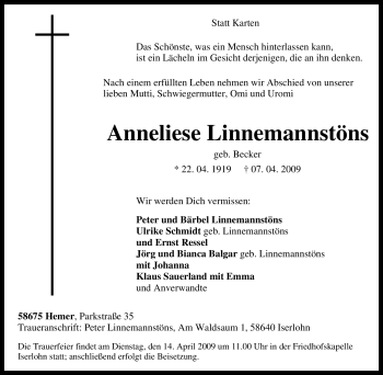 Traueranzeige von Anneliese Linnemannstöns von Tageszeitung