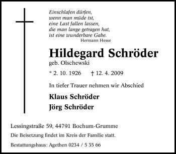 Traueranzeige von Hildegard Schröder von Tageszeitung