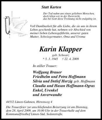 Traueranzeige von Karin Klapper von Tageszeitung