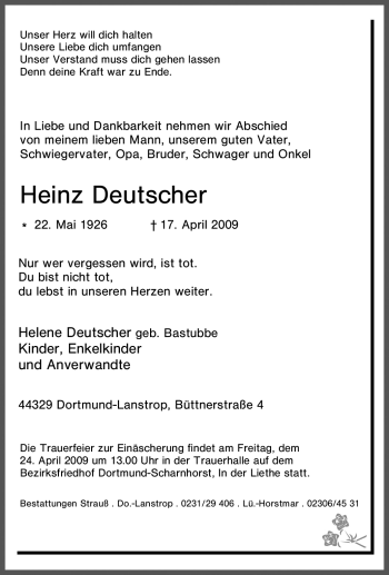 Traueranzeige von Heinz Deutscher von Tageszeitung