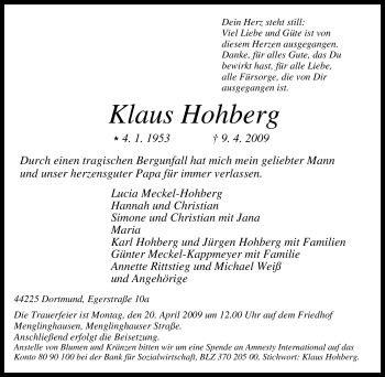 Traueranzeige von Klaus Hohberg von Tageszeitung