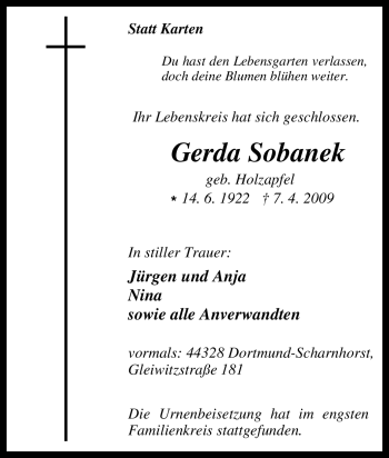 Traueranzeige von Gerda Sobanek von Tageszeitung