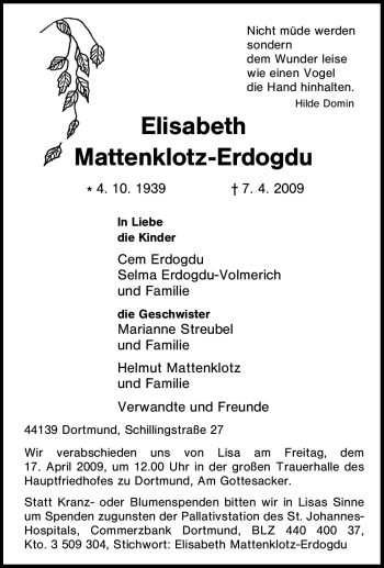 Traueranzeige von Elisabeth Mattenklotz-Erdogdu von Tageszeitung