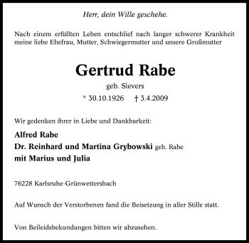 Traueranzeige von Gertrud Rabe von Tageszeitung