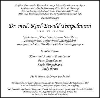 Traueranzeige von Karl-Ewald Tempelmann von Tageszeitung