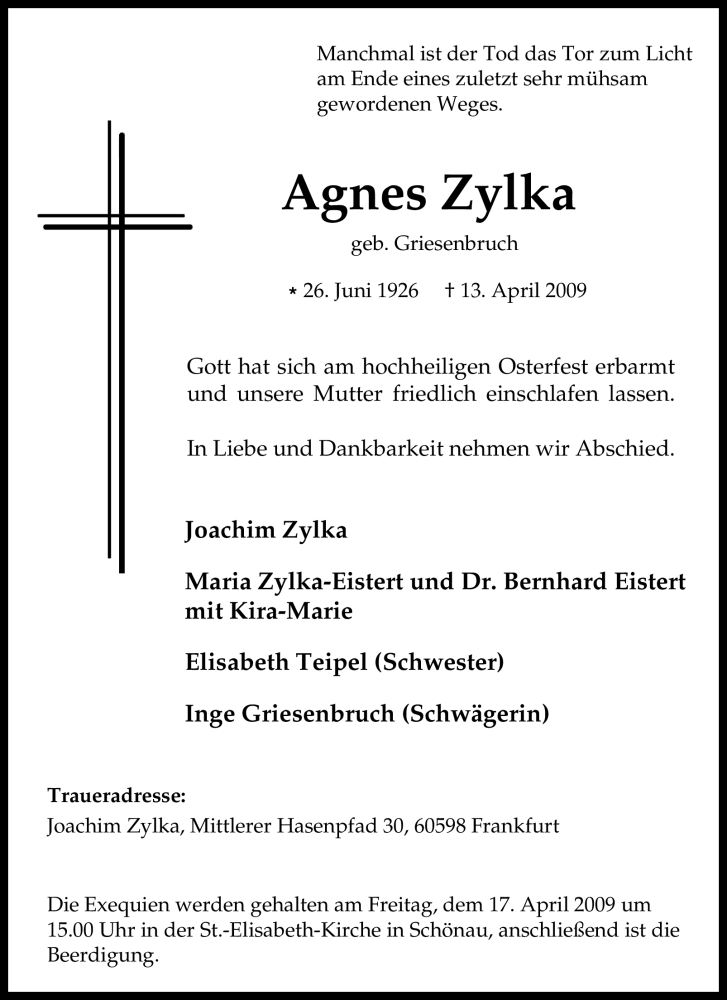  Traueranzeige für Agnes Zylka vom 15.04.2009 aus Tageszeitung