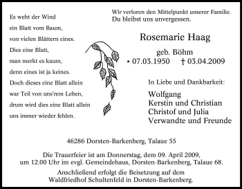 Traueranzeige von Rosemarie Haag von Tageszeitung